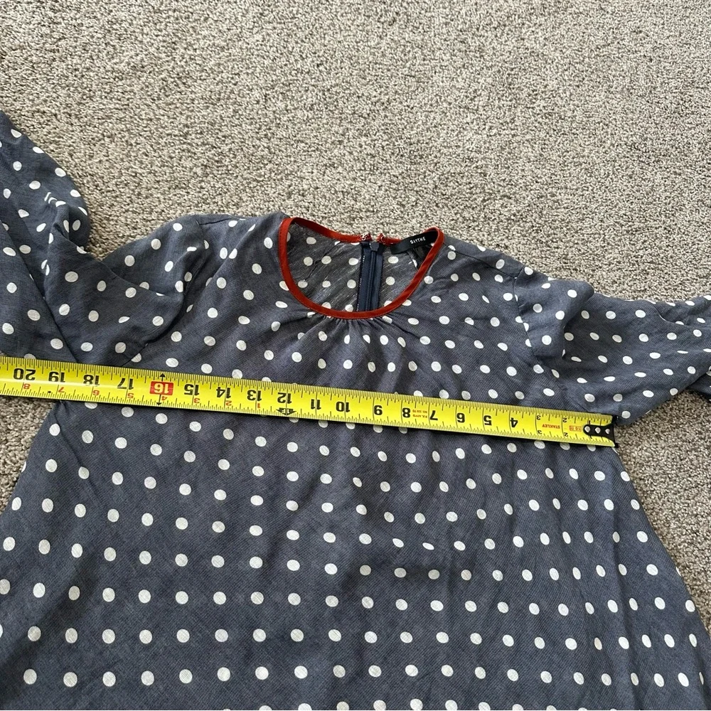 Smythe Bardot Blouse In Polka Dot Print Navy Blue Size XS - Picture 11 of 11